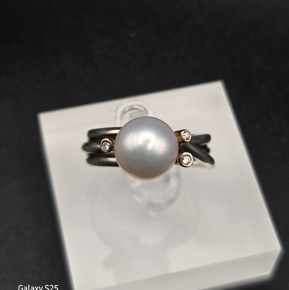 Pandora Ring "Woven Splendor" Sterling Silver 14 Kt Diamond &  Cultured Pearl - Picture 4 of 5